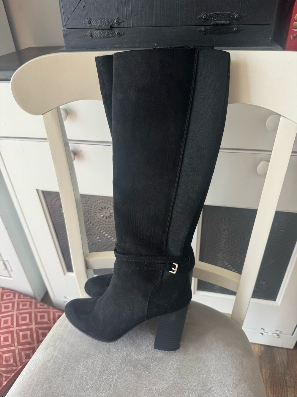 Lauren Conrad Black Suede Knee-High Block Heel Boots Size 7 1/2